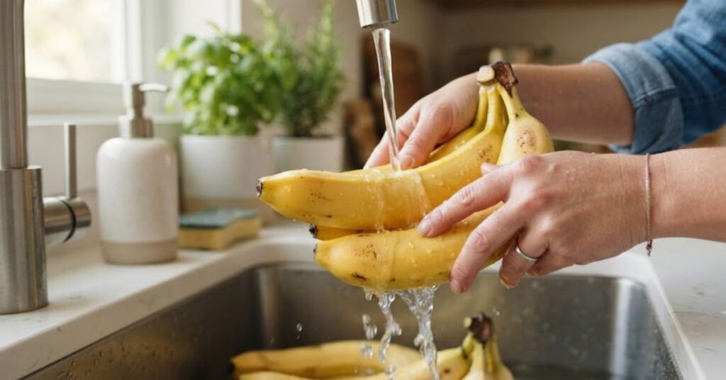 Cleaning banana peels to remove dirt and residue before eating.