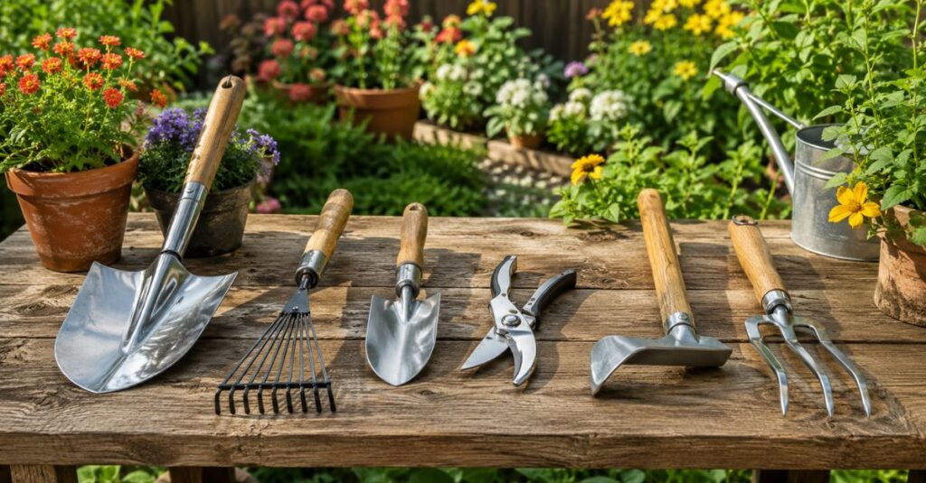 Clean garden tools neatly arranged on a wooden potting bench after cleaning