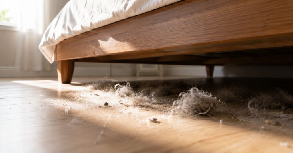 Dust and allergens collecting underneath a bedroom bed