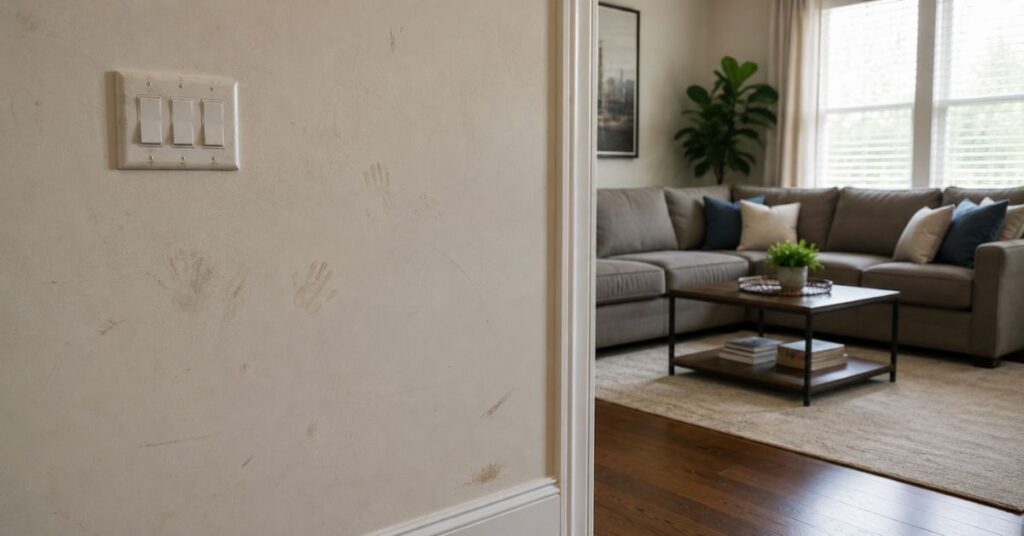 Dust, fingerprints, and scuff marks on painted interior walls before cleaning.