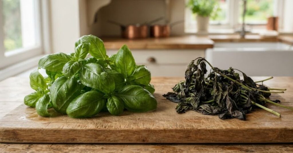 Fresh basil leaves beginning to wilt and turn brown on a kitchen counter
