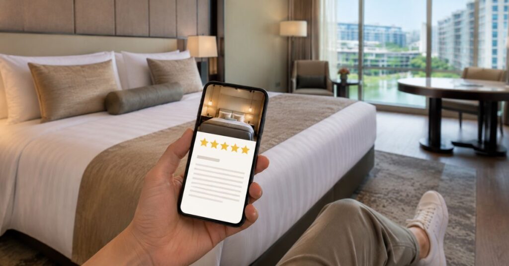 Five-star hotel guest satisfaction concept with excellent cleanliness rating.