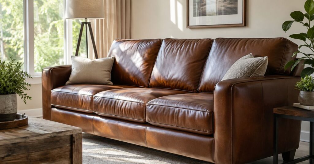 Clean brown leather couch after proper leather cleaning in a modern living room