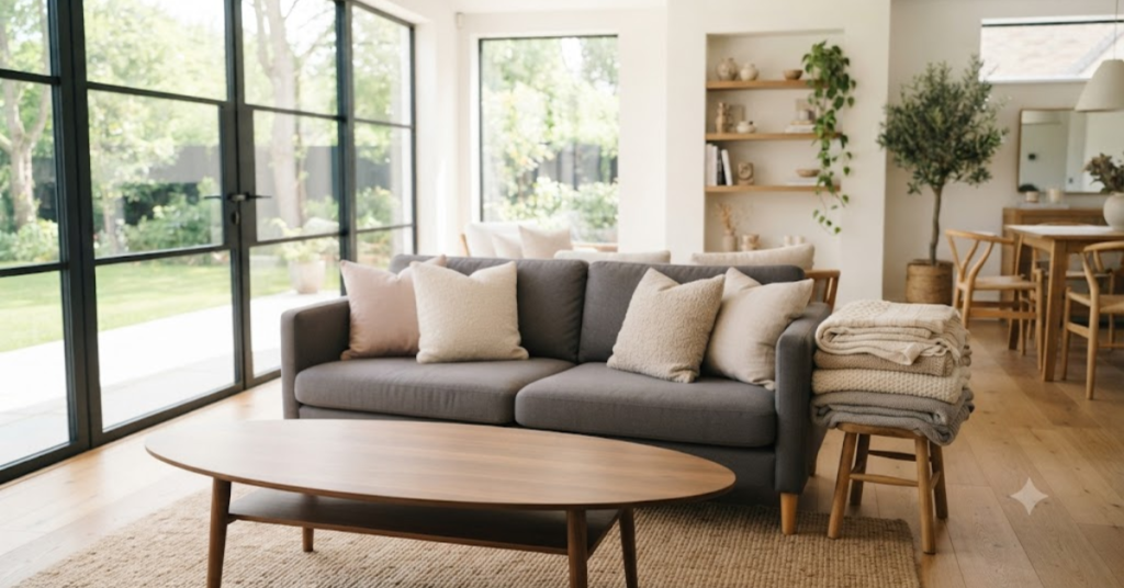 Clean and organized living room showing the benefits of daily cleaning habits.