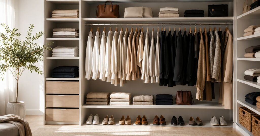 Organized wardrobe filled with timeless clothing staples in neutral colors.