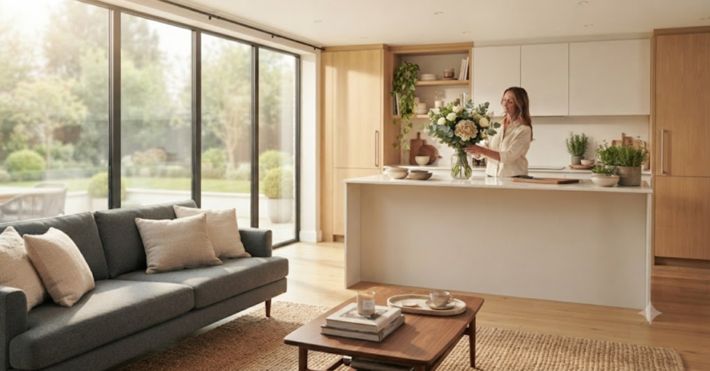 Bright, clean, and organized living room creating a calm and stress-free home environment.
