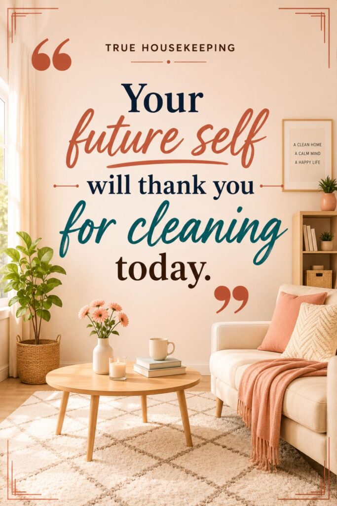 A person completing daily cleaning tasks in a neat and organized home, showing that your future self will thank you for cleaning today. "Your future self will thank you for cleaning today."