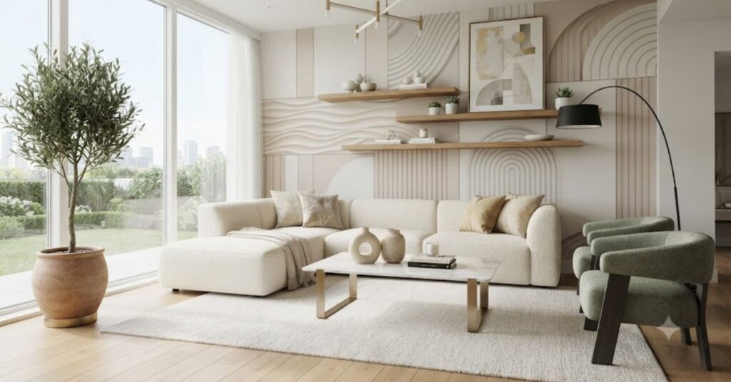 Luxury modern living room featuring elegant 3D geometric wallpaper, cream boucle sofa, marble coffee table, warm oak furniture, and premium contemporary home décor with architectural wall textures.