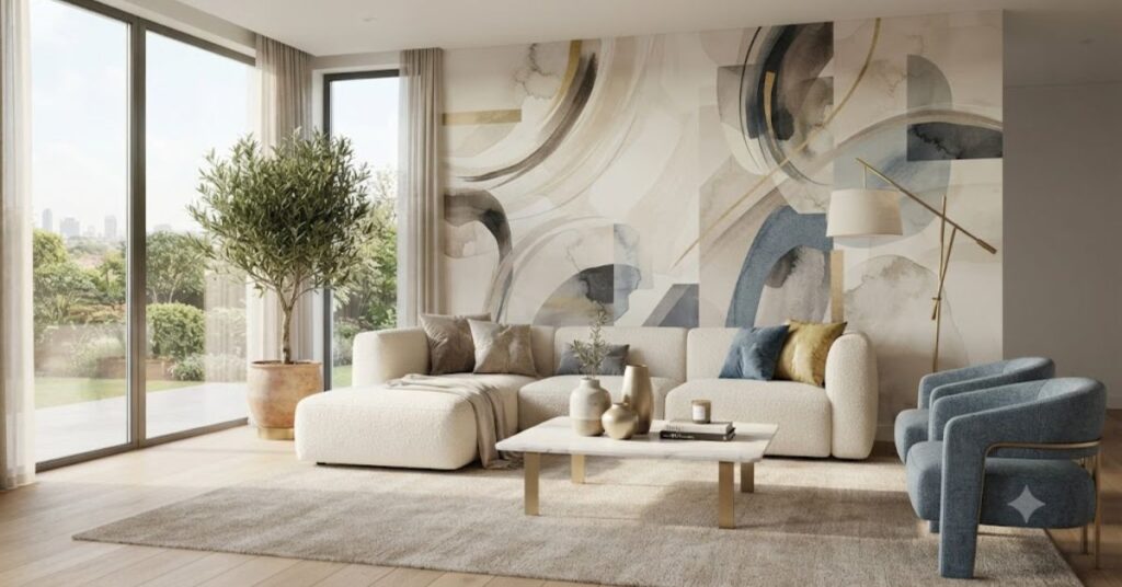 Luxury modern living room featuring an elegant abstract art wallpaper mural with neutral tones, cream sofa, marble coffee table, and contemporary designer home décor.