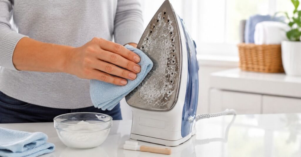 Cleaning stubborn iron residue with baking soda paste and a soft cloth