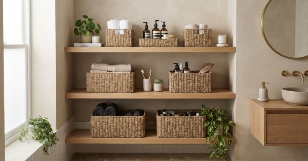 Open bathroom shelves organized with woven baskets, towels, toiletries, and plants