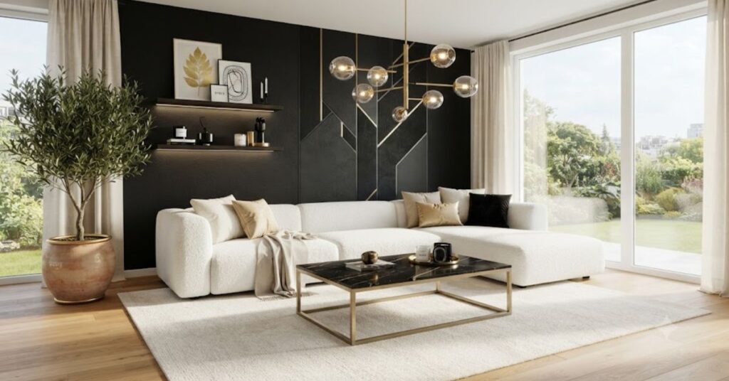 Luxury modern living room featuring a matte black accent wallpaper wall, white sectional sofa, gold décor, and elegant contemporary interior design.