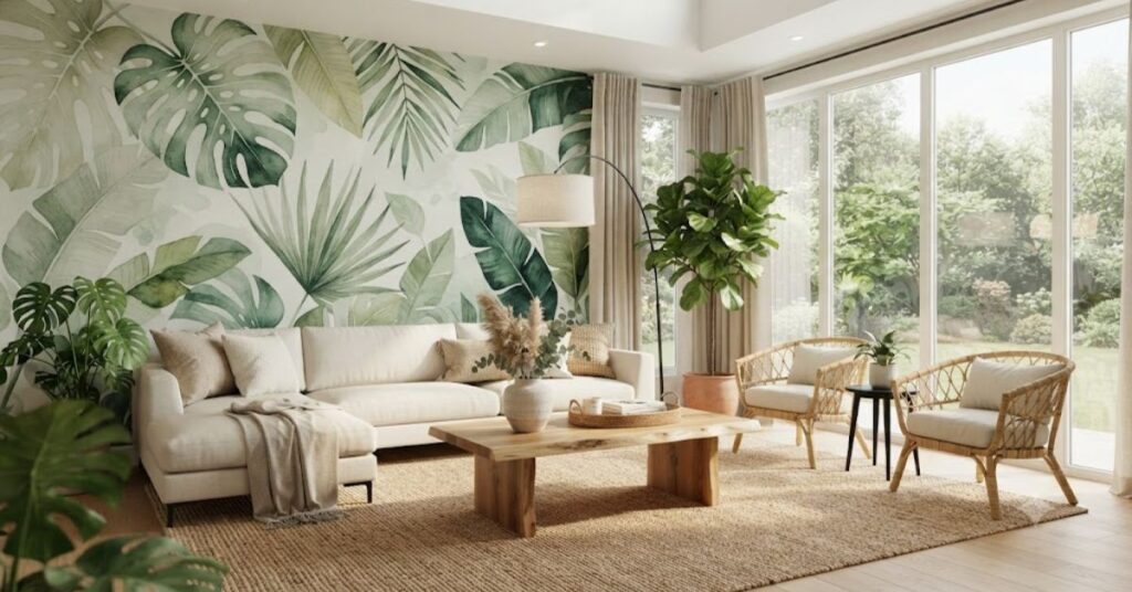 Modern living room with tropical botanical leaf wallpaper, cream sofa, wooden furniture, indoor plants, and Scandinavian-inspired natural home décor.