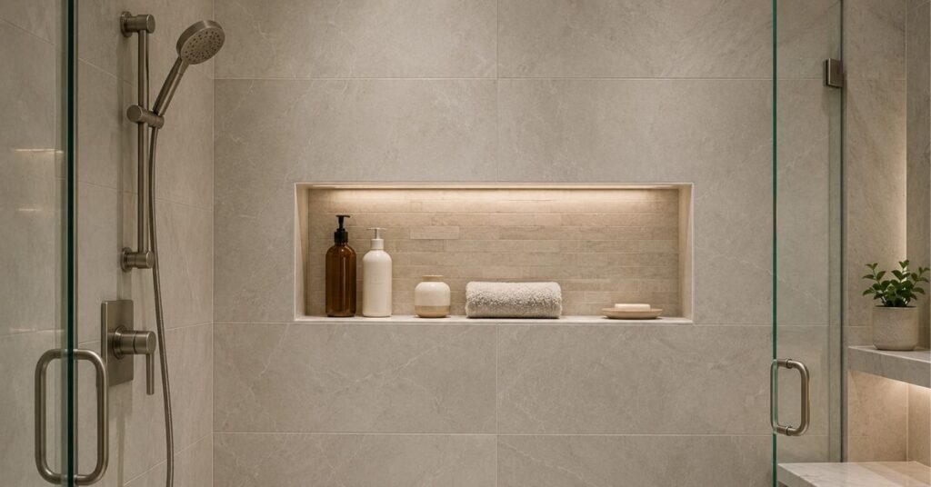 Built-in recessed shower shelf holding shampoo, conditioner, body wash, and soap