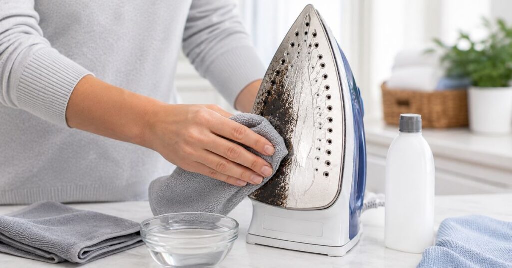Removing burned fabric residue and dark burn marks from an iron soleplate