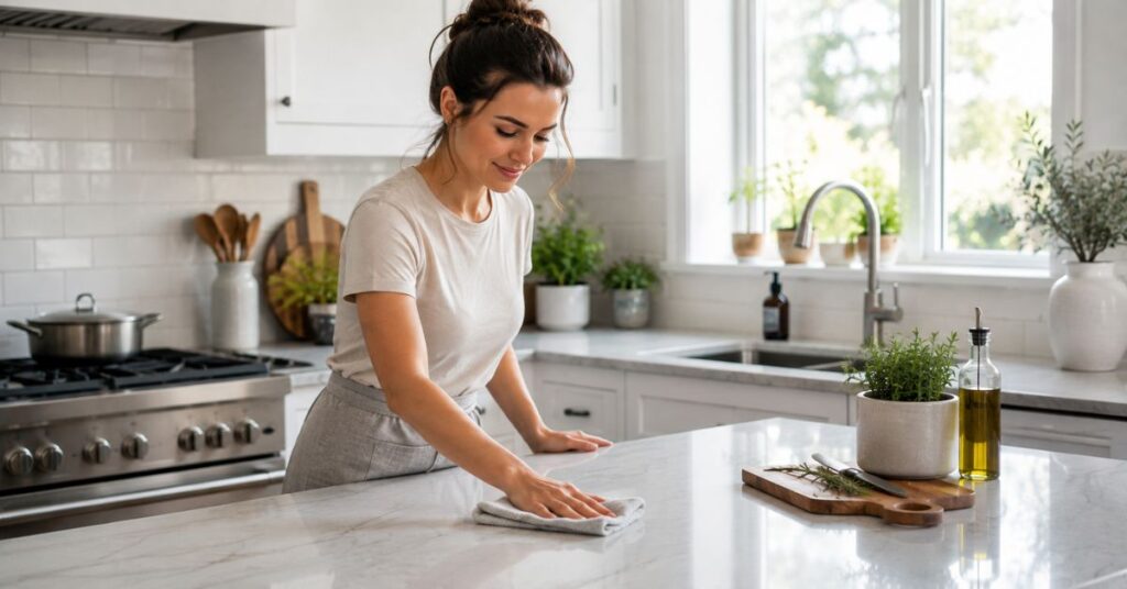Cleaning kitchen counters immediately after cooking to prevent mess.