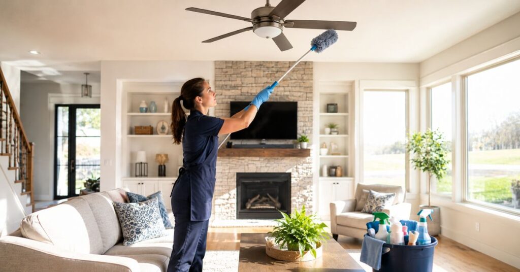 Professional housekeeper cleaning a ceiling fan before dusting the room.