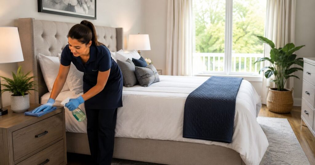 Professional housekeeper cleaning one room at a time for better efficiency.