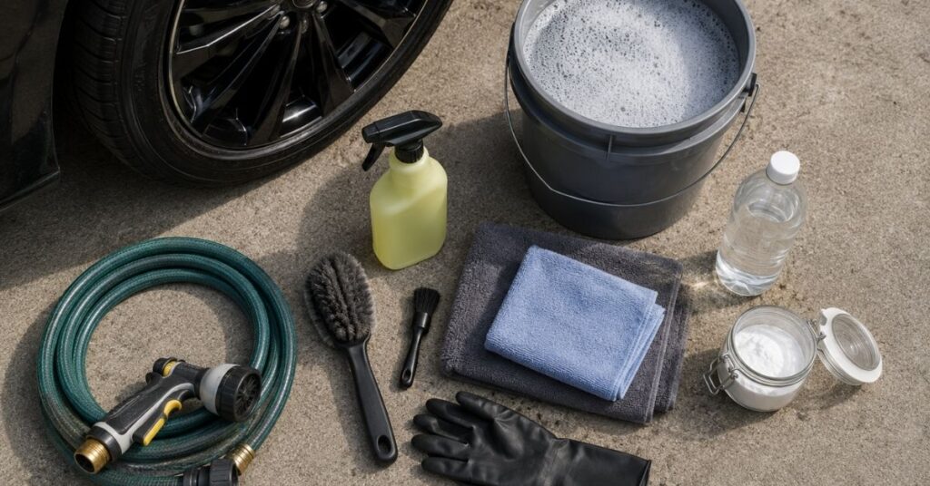 Car tire cleaning supplies including brush, bucket, microfiber towels and baking soda