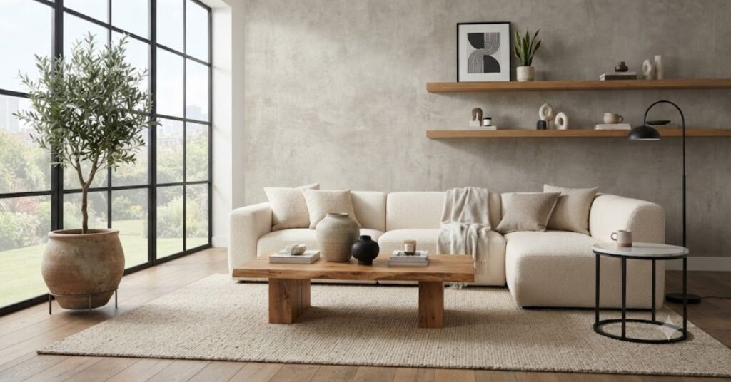 Modern industrial living room featuring realistic concrete finish wallpaper, cream boucle sofa, oak wood furniture, black metal accents, and contemporary loft-inspired home décor.