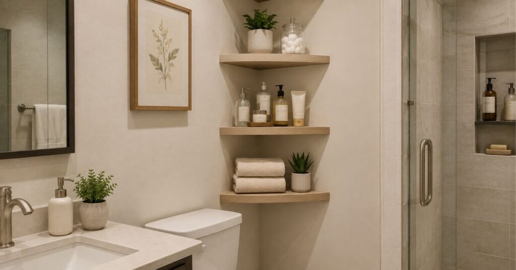 Corner bathroom shelves using an unused wall space for toiletries and decor