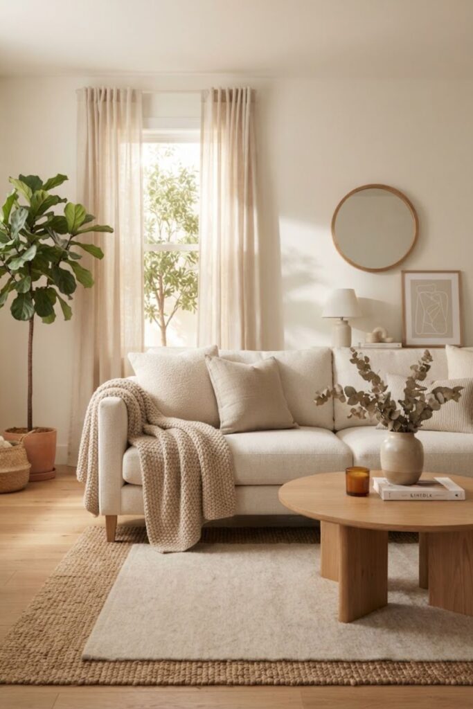 Cozy beige living room phone wallpaper with cream sofa and warm sunlight.