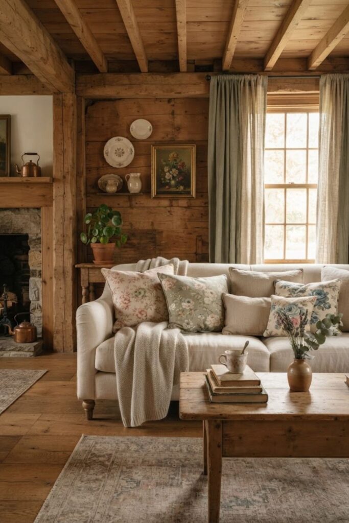 Cozy cottage interior phone wallpaper with vintage furniture and neutral decor.