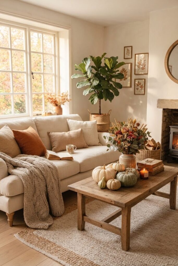 Cozy fall living room phone wallpaper with pumpkins and warm decor.