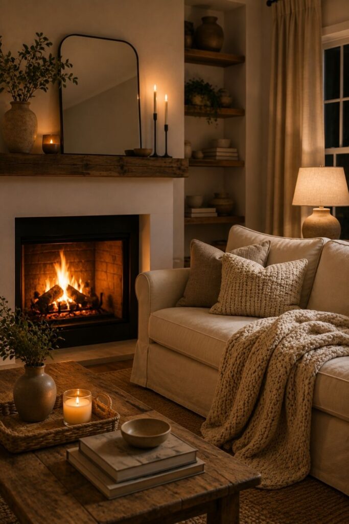 Cozy fireplace living room phone wallpaper with warm winter decor.