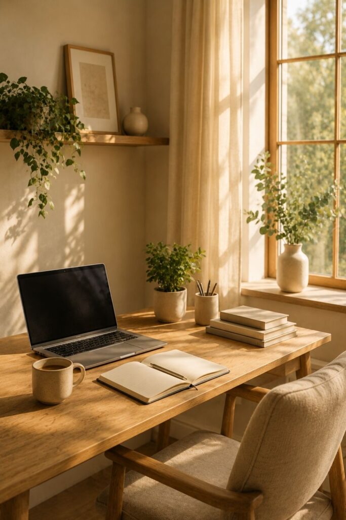 Cozy home office phone wallpaper with wooden desk, laptop and plant.