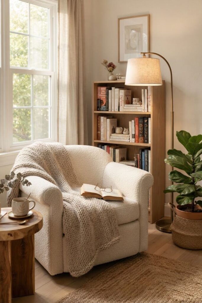 Cozy reading nook phone wallpaper with armchair, books and warm lighting.