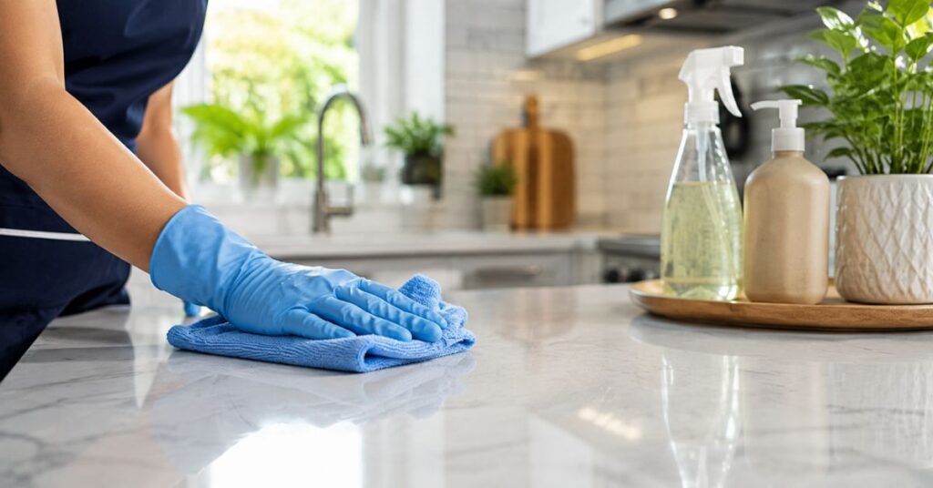 Microfiber cloth used by a professional housekeeper for streak-free cleaning.