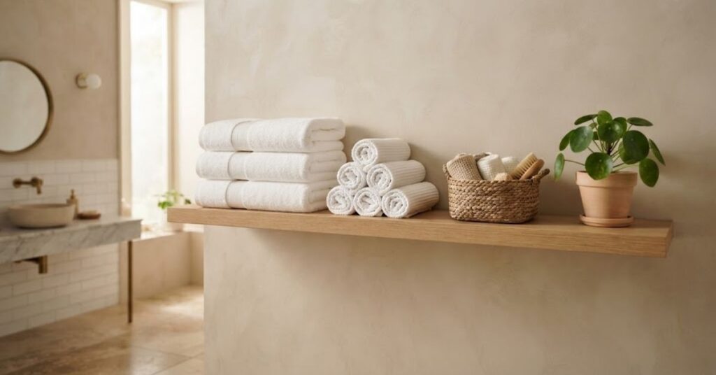 Bathroom towel shelf with neatly folded and rolled white towels and a plant