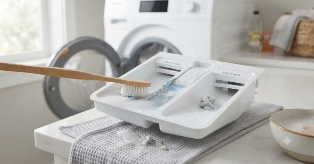 Cleaning washing machine detergent drawer and compartments