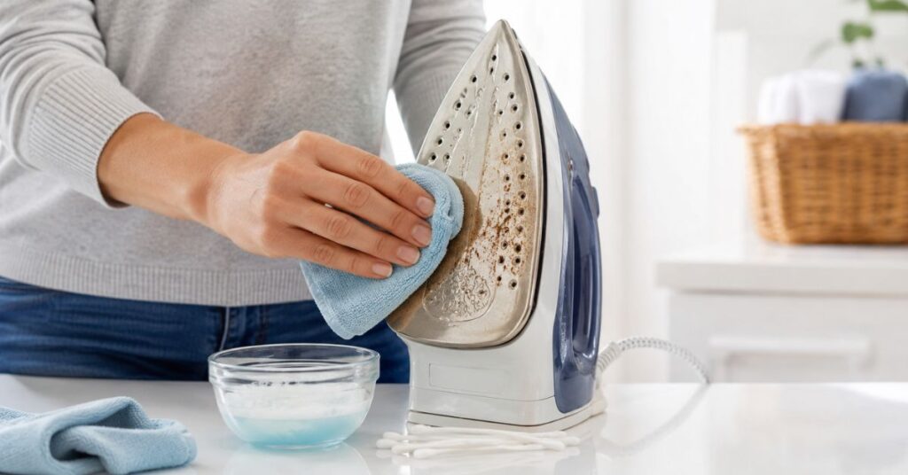 Cleaning an iron soleplate with dish soap and a microfiber cloth
