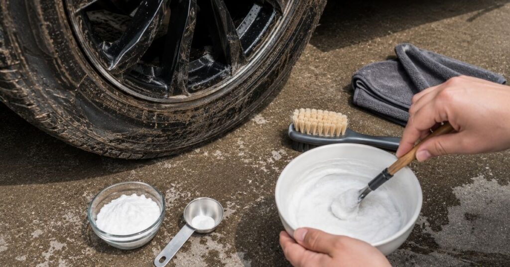 Baking soda and water cleaning paste beside a dirty car tire