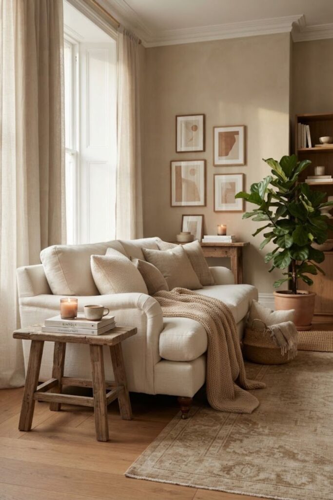 Dreamy neutral home interior phone wallpaper with cozy luxury decor.