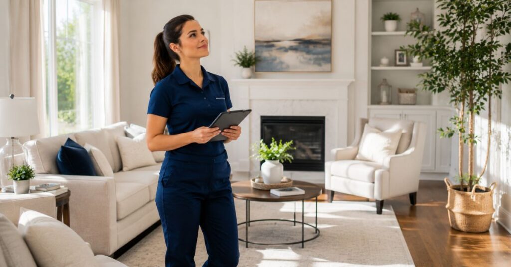 Professional housekeeper checking the room after cleaning.