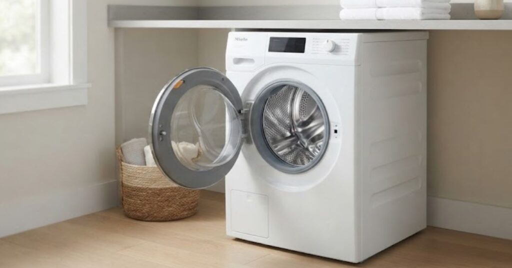 Freshly cleaned washing machine in an organized laundry room