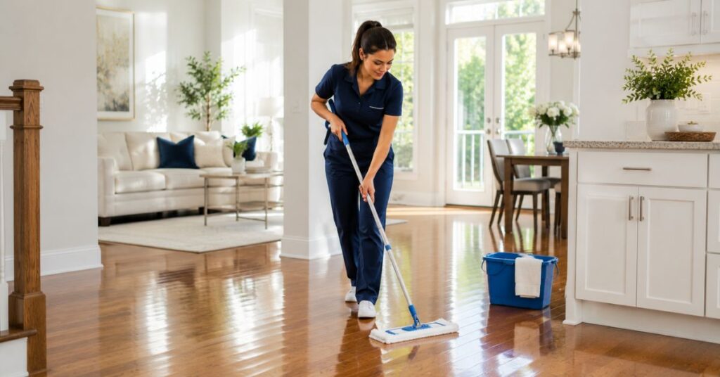 Professional housekeeper mopping floors as the final cleaning step.