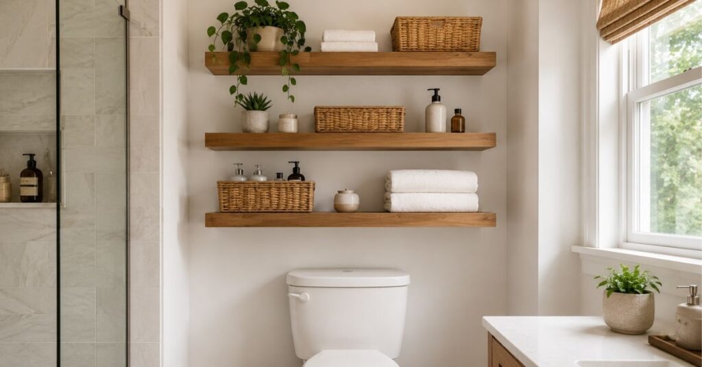 Floating wooden shelves above a toilet with towels, baskets, and bathroom decor