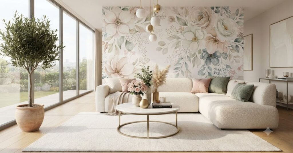 Luxury modern living room featuring elegant contemporary floral wallpaper, cream boucle sofa, marble coffee table, fresh flowers, and sophisticated home décor with soft neutral tones.