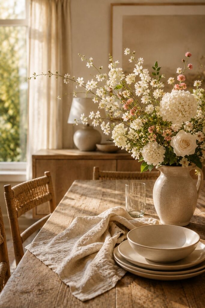 Fresh flowers on a dining table phone wallpaper with soft natural sunlight.