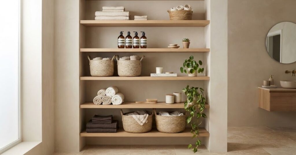 Full bathroom wall with multiple open shelves for towels, baskets, toiletries, and decor