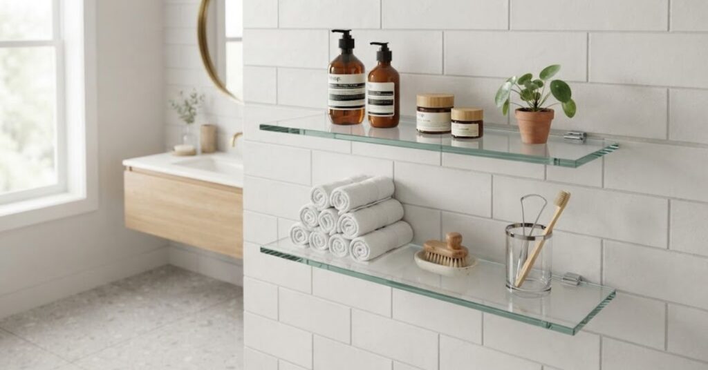 Glass bathroom shelves in a small bathroom displaying toiletries, towels, and plants