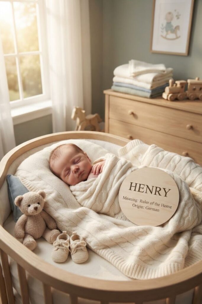 Newborn baby boy sleeping in a classic nursery with a Henry name plaque and wooden rocking horse