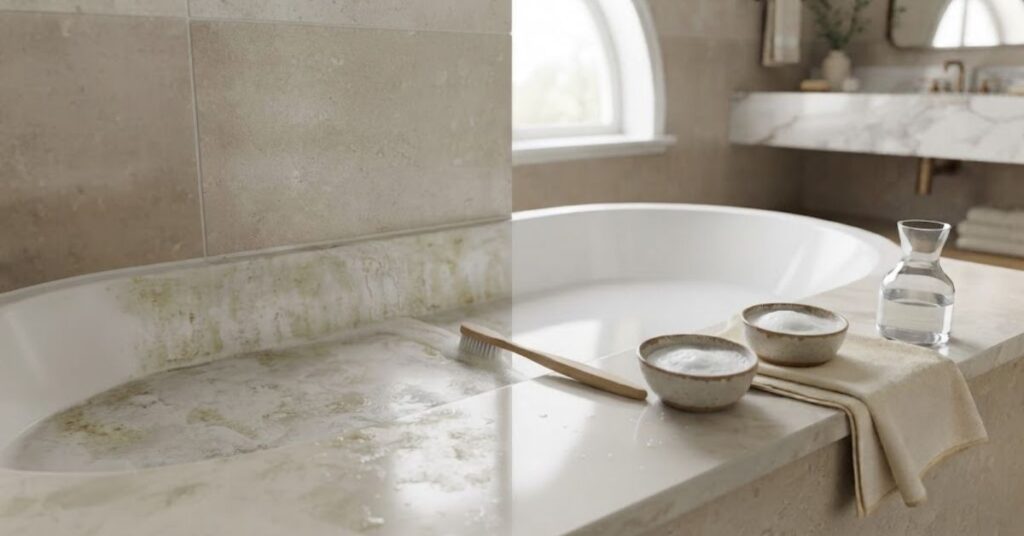 Cleaning bathtub grout and caulk with a soft brush and gentle cleaner