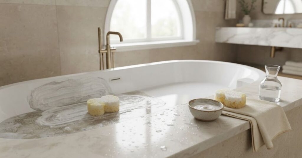 Removing bathtub soap scum with baking soda paste and a soft sponge