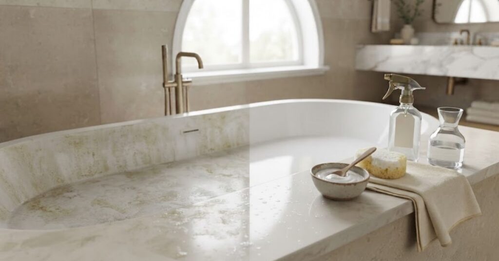 Before and after removing yellow stains from a white bathtub