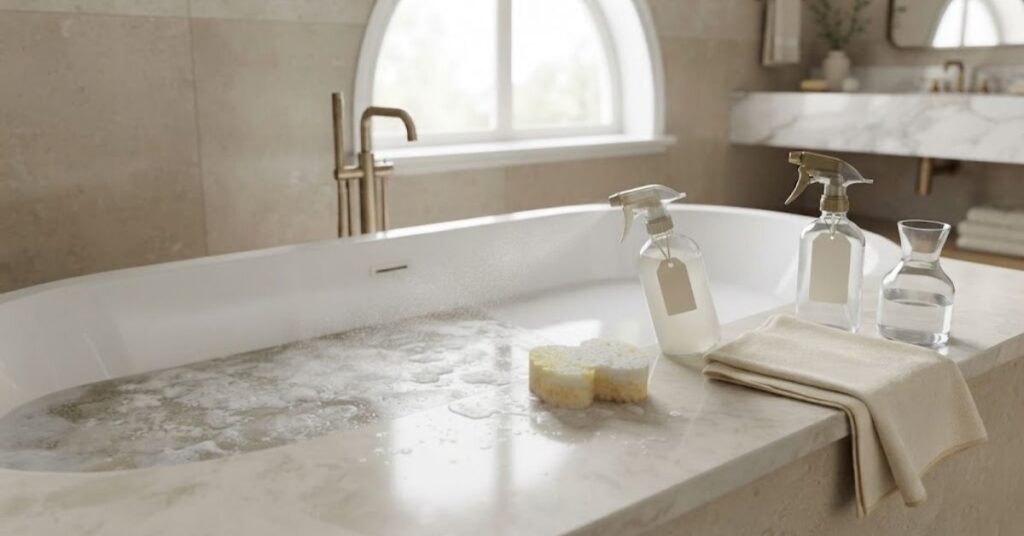 Using diluted white vinegar to remove hard-water stains from a bathtub